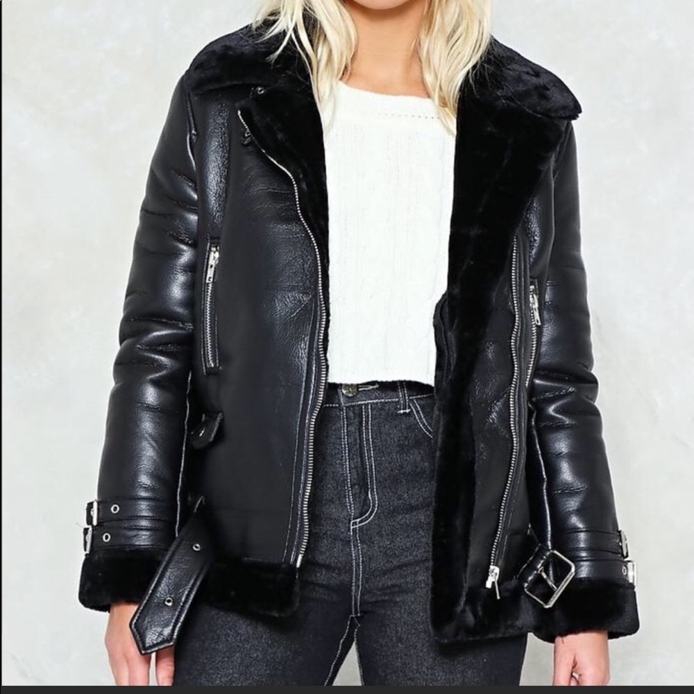 Faux leather and shearling aviator coat